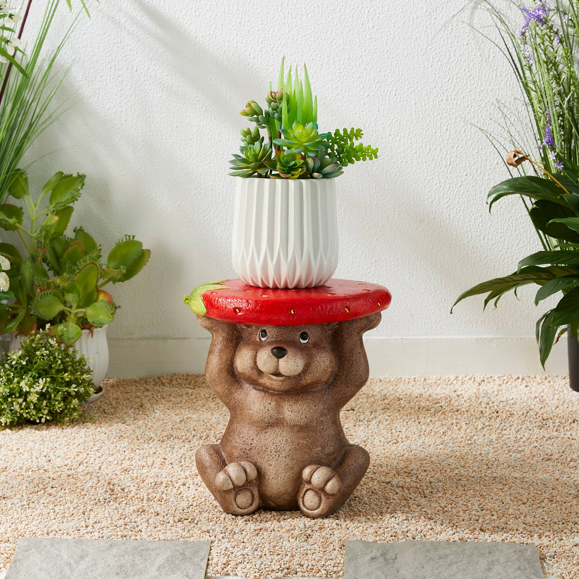 Glitzhome® 12.5" Bear Holding a Strawberry Decorative Garden Stool